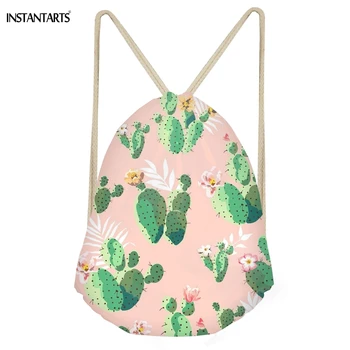 

INSTANTARTS Fashion Plant Cactus Print Girls Drawstring Bags Multifuction Storage Backpacks Softback Pink Women Travel Beach Bag