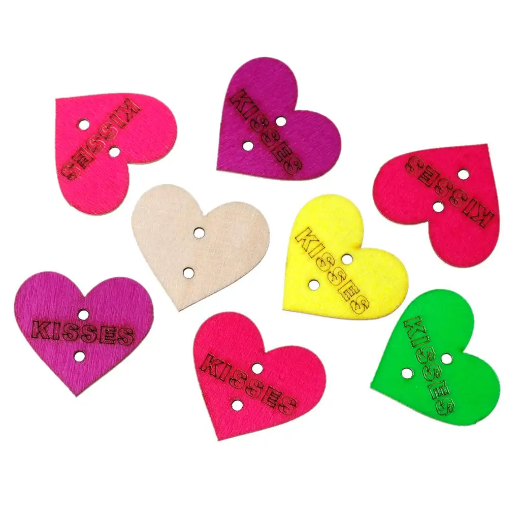 

Wood Sewing Button Scrapbooking Heart At Random Two Holes "KISSES" Pattern 3cm x 26mm,50 PCs new