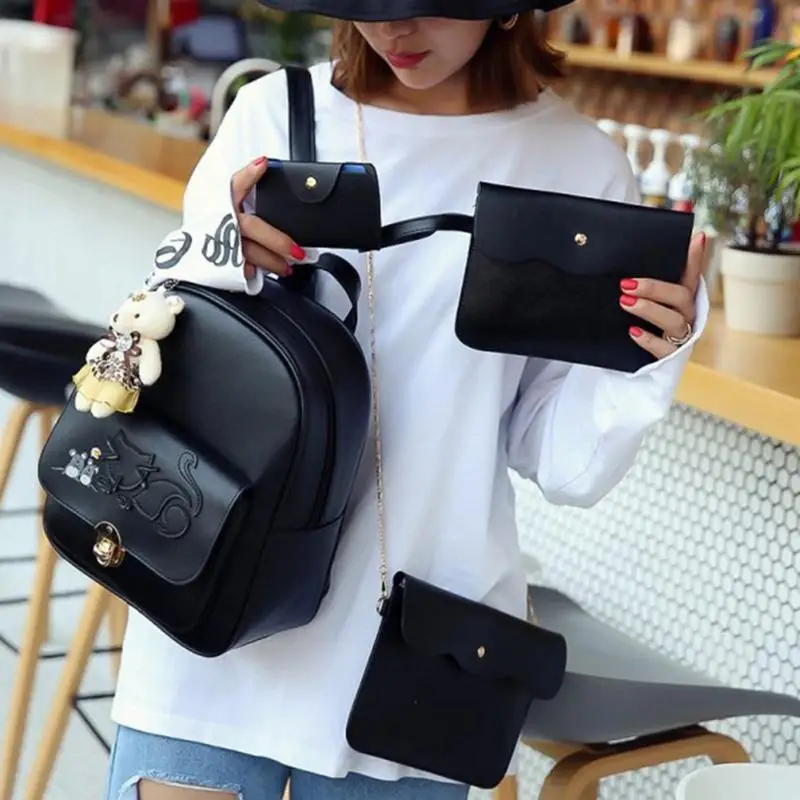 

4pcs/Set Cat Printing Backpac Set Women PU Leather Bookbags School Students Shoulder Bags with Wallet for Teenage Girls