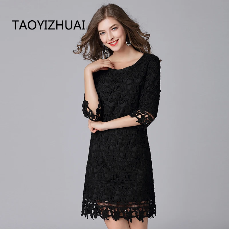 Comprar TAOYIZHUAI nuevo color negro Oficina vestido de señora recto tres cuartos patchwork por encima de la rodilla tamaño grande Oficina vestido de fiesta 14026