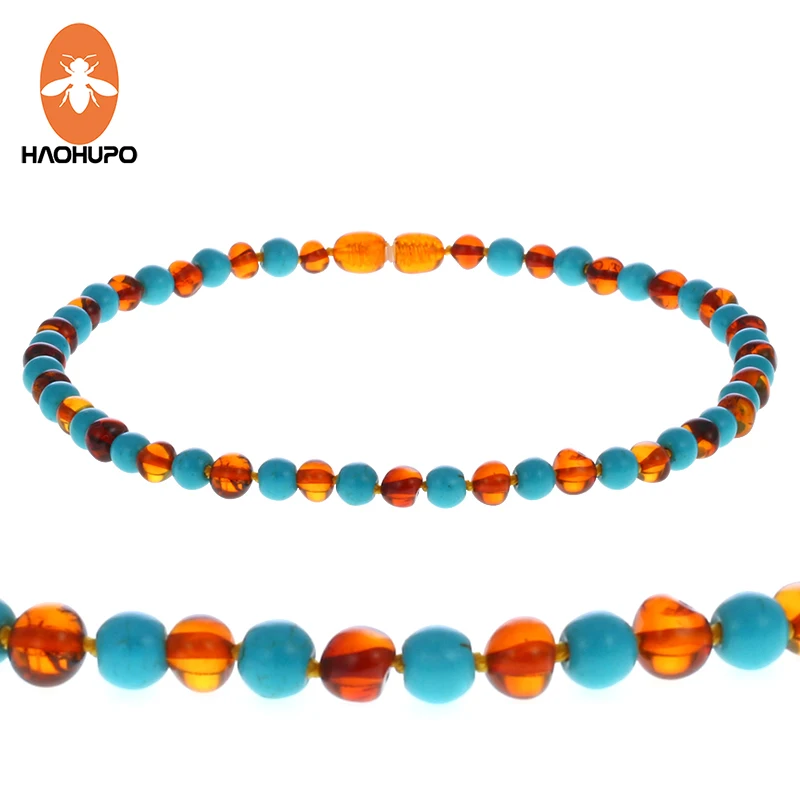 

HAOHUPO 12''--24'' Natural Cognac Amber Necklace Turquoise Knotted Baltic Amber for Mother Baby Ambar Jewelry Diy Adult Necklace