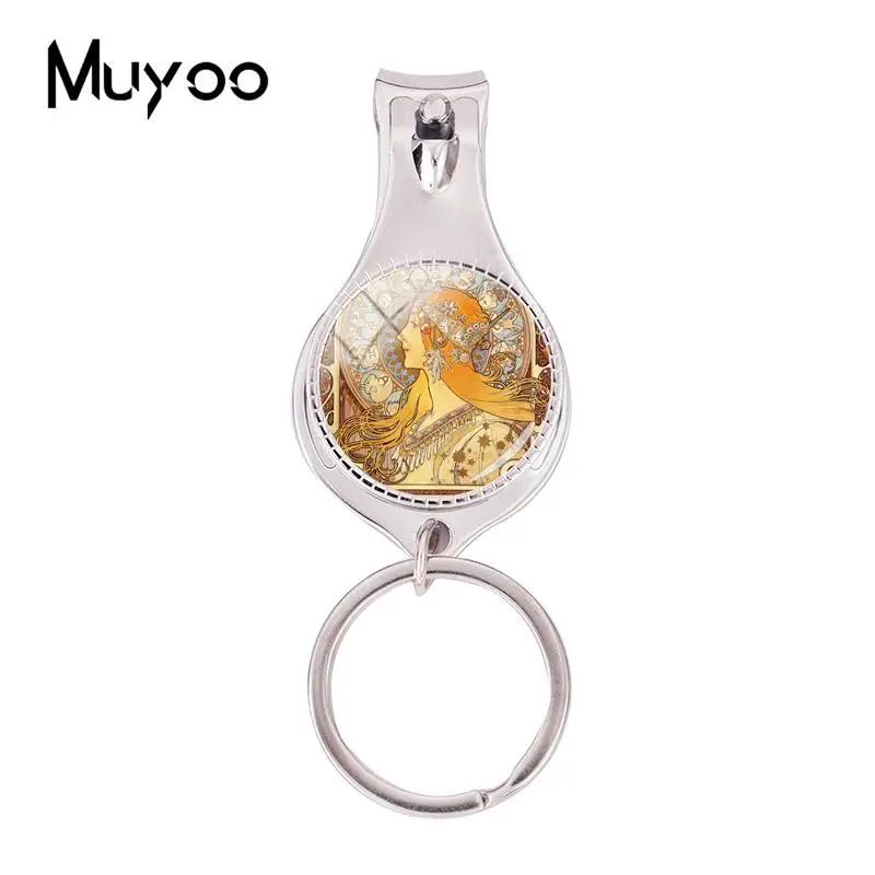 

2018 Fashion Alphonse Mucha Multifunctional Keychain Art Paintings Nail Clipper Keyring Silver Photo Jewelry Keychains