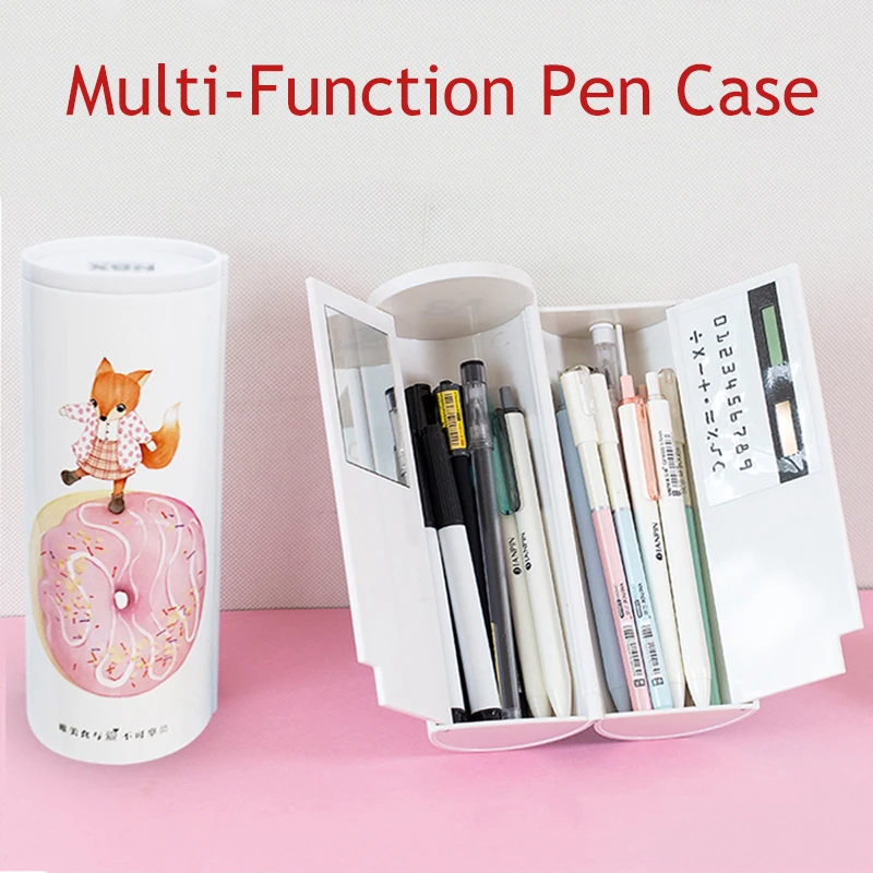 Multifunction Pencil Case Double Layer Pen Box With Mirror Calculator Whiteboard Pen Wiper For School Supplies Cosmetic case