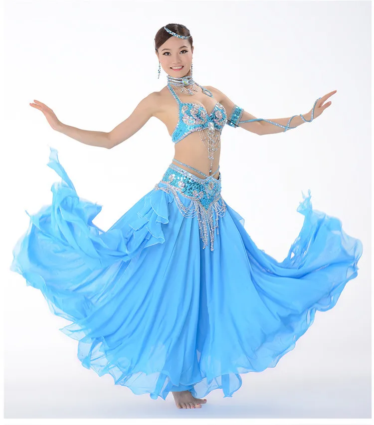 12 цветов сценическая одежда для восточных танцев живота костюм из 3 предметов бюстгальтер из бисера, пояс и юбка набор костюма для танца живота