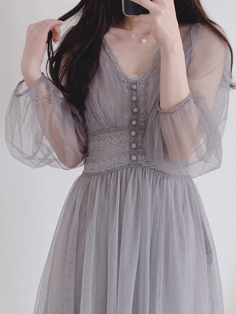 

V-neck retro gentle mesh very fairy dress female high waist spring and summer net red two-piece sling BONJEAN brand dress
