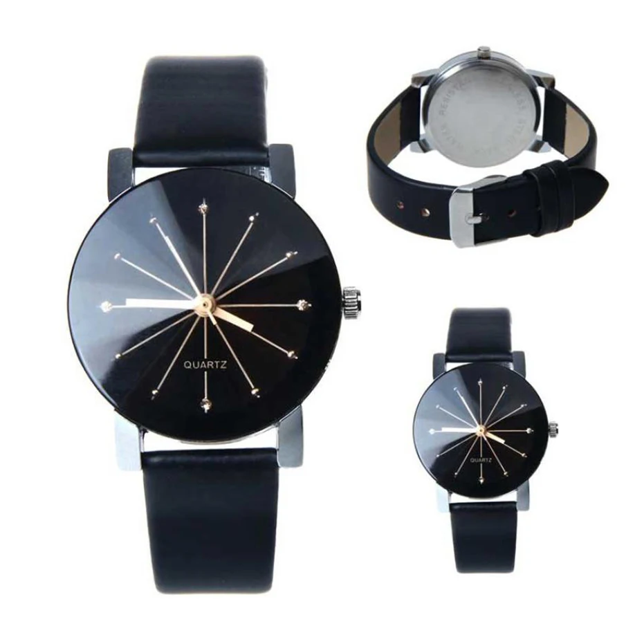 Fashion Black Leather Lovers Watch Couples Watches Womens/Mens Wristwatch Clock Quartz Watch For Man/Woman Girl