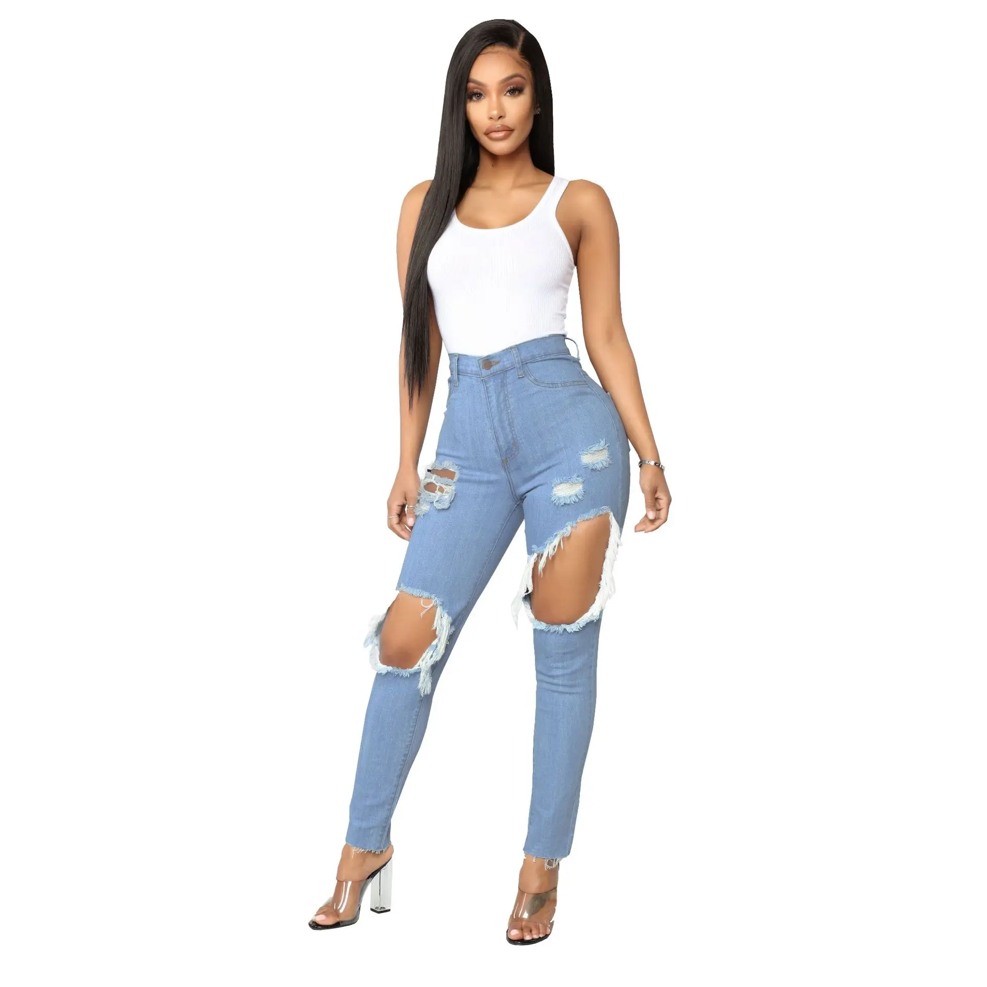 

Solid Office Lady High Waist Women Jeans Fashion Hole Skinny Denim Pencil Jeans Butt Lift Pants