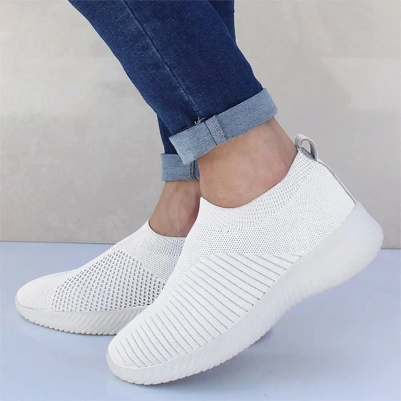 MCCKLE/весенняя обувь; женские кроссовки из сетчатого материала; мягкие женские носки; вязаная Вулканизированная обувь; повседневная женская обувь без застежки на плоской подошве - Цвет: Белый