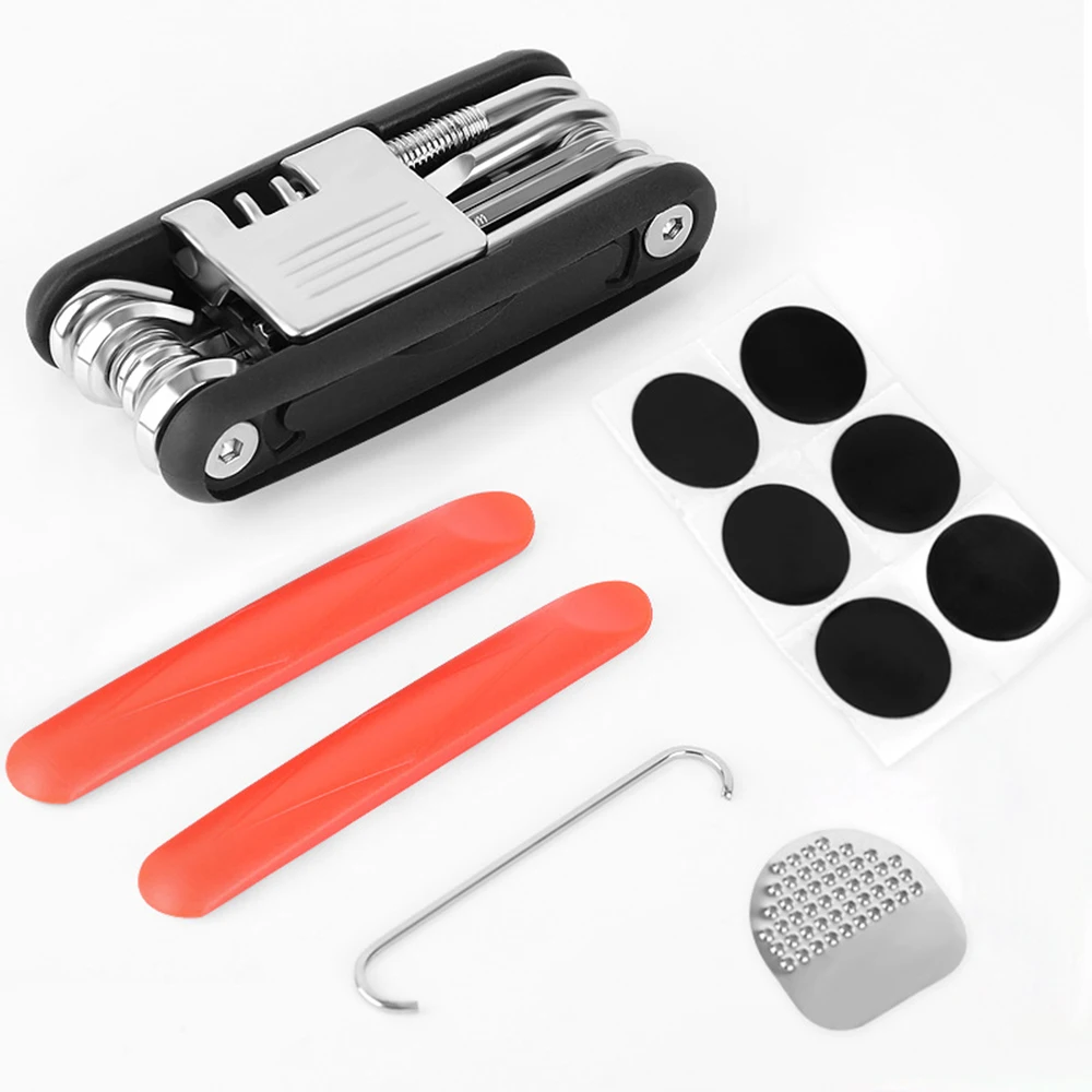 Best Bike Tire Repair Tool Set 13 In 1 Bicycle Folding Repair Tools + Tire Patch + Tire Stick + Chain Hook for Road MTB Cycling Moto