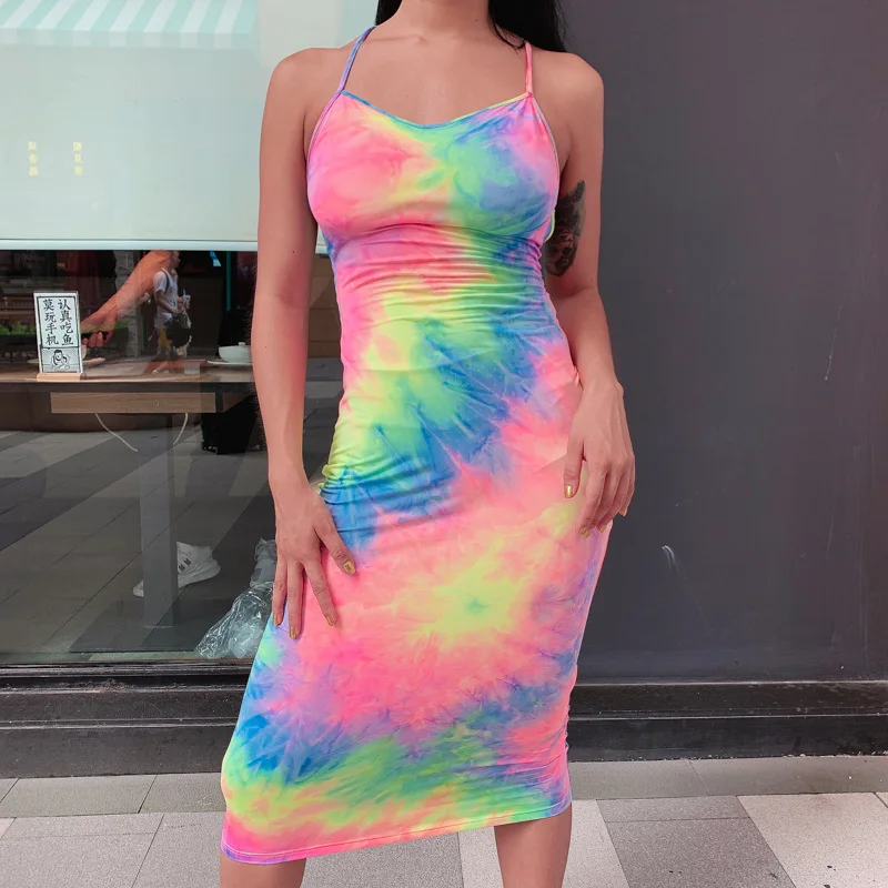 Shстайл Tie Dye красочные карандаш с открытой спиной Крест до середины икры Длина