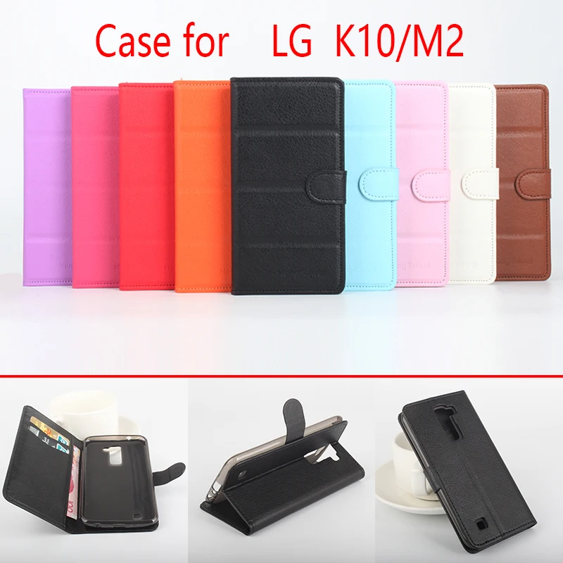 

For LG K10 m2 Phone Case Folio Flip Pure Color Lichee Pattern PU Leather Wallet Case Cover Cash/Card Slots sanheng