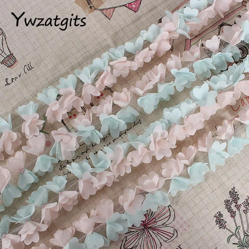 

1yard 3D 3.5cm Gold Powder Two Tone Flower Lace Trim Fabric Ribbon Applique DIY Dress Garment Decorations Sewing Supplies YN0610