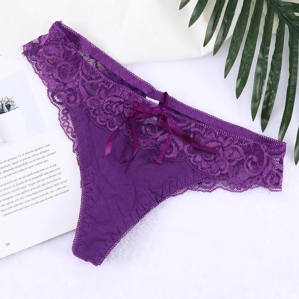 Трендовое сексуальное женское нижнее белье с низкой талией, прозрачные кружевные стринги с цветочным рисунком, ретро трусики для элегантной леди - Цвет: Purple