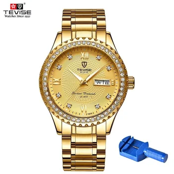

TEVISE T807S Quartz Watch Men Rhinestones Date Week Mens Watch Waterproof Luminous Business Casual horloges mannen drop shipping