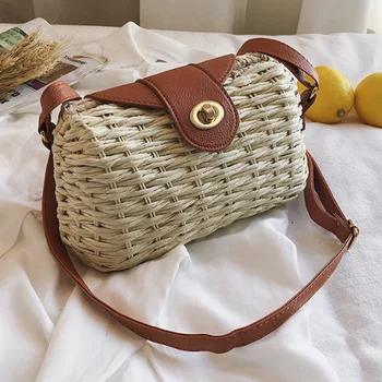 

ABDB-Fashion Trend Lock Woven Bag Bucket Type Straw Handbags Shoulder Diagonal Package