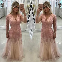 Розовая с длинными рукавами платья для выпускного вечера Русалка V шеи бисером праздники Выпускной одежда Вечеринка платья большого размера индивидуальный заказ