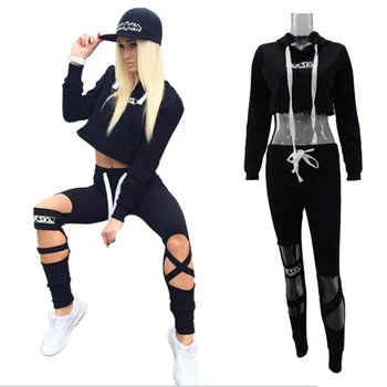 

2019 Fashion 2 Piece Set Women Black Crop Top And Pants Suit Sexy Hollow Out Letter Print Casual 2 Pcs Set Tracksuit