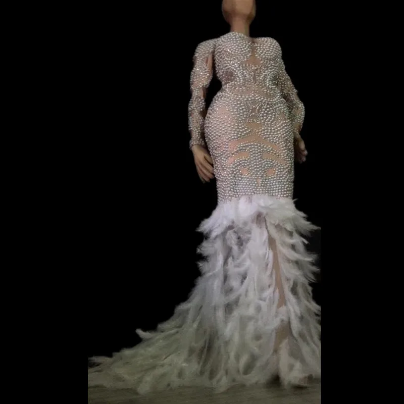 

Women's Birthday Party Celebrate Outfit Female Singer Costume Stage Show Dress Women Sexy Pearls Rhinestones White Feather Dress