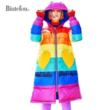 2019 Winter thick white duck down patchwork Down Coats women fashion color long hooded double-sided down jackets