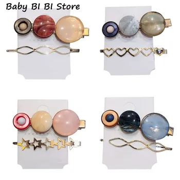 

2Pcs Gradient Colored Round Acetate Hair Clip Metallic Hollow Geometric Hair Styling Accessories Duckbill Barrettes Hair Pins