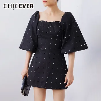 

CHICEVER Summer Casual Diamonds Black Dress For Women Slash Neck Puff Sleeve High Waist A-line Mini The Dresses 2020 Fashion New