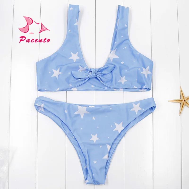 Pacento Cute Bow Sky Blue Stars Bikini Brazilian Crop Top Tank Swimsuit For Women Bather Bathing