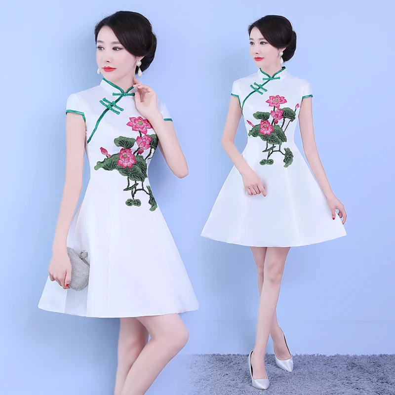 Большой размеры 3XL 4XL для женщин китайский стиль короткое китайское национальное платье Сучжоу вышивка цветок Cheongsam воротник стойка Винтаж