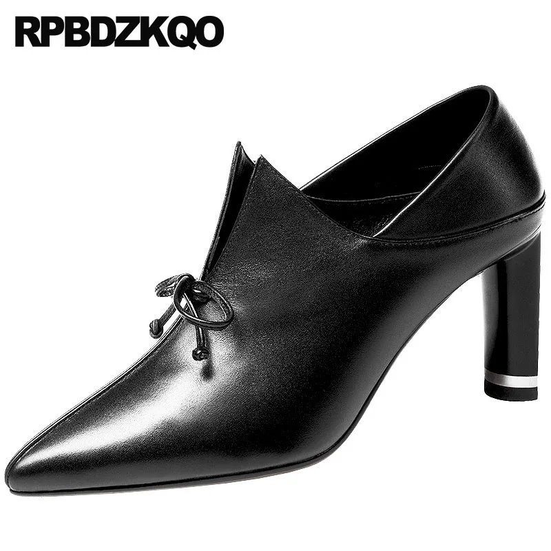 

Black Pointed Toe Genuine Leather High Heels 2018 Block 3 Inch Size 4 34 Designer Women Luxury Shoes Ladies China Pumps Handmade