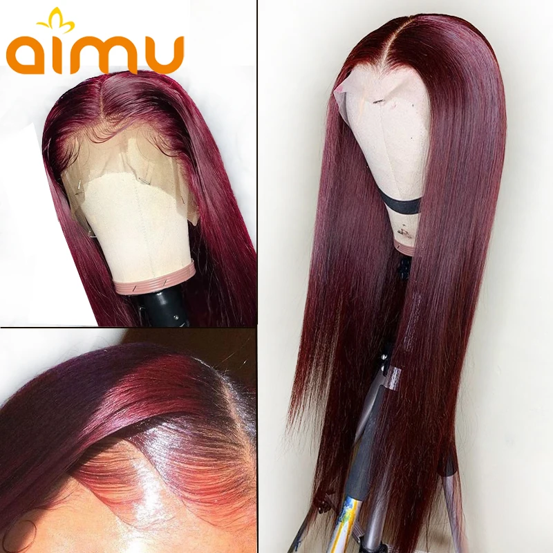 Бордовый 13*6 поддельные кожи головы и HD индивидуальные 99J темно-красный цвет Невидимые кружева спереди настоящие человеческие волосы окрашенные парик Remy бразильский Aimu