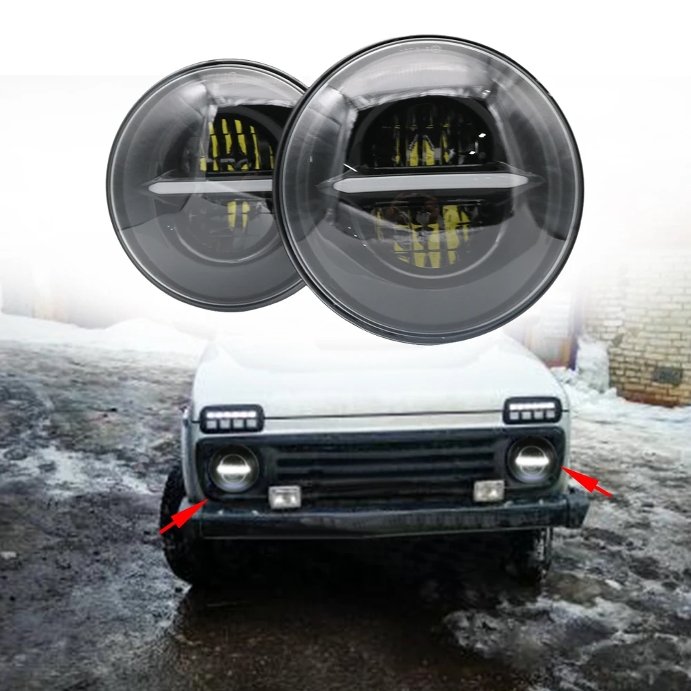 

7" LED DRL H4 Headlights For VAZ 2101 7 Inch LED Headlamps Projector Driving Lights For Lada Niva 4x4 Suzuki Samurai