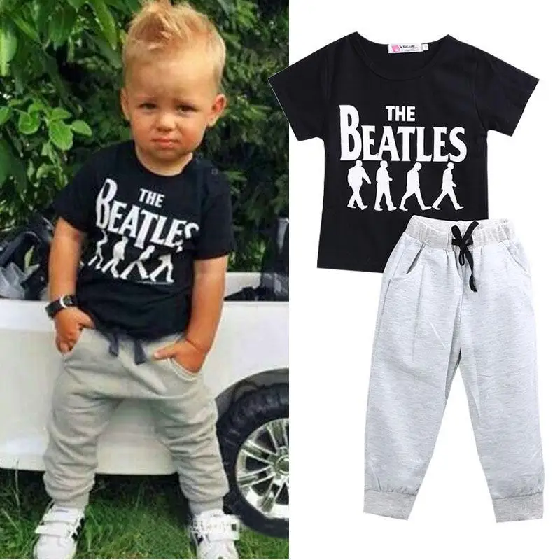 

Baby Boy clothes 2pcs Short Sleeve T-shirt Tops +Pants Outfit Clothing Set Suit with The Beatles printed