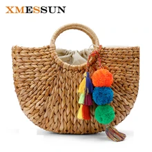 Пляжная сумка, Соломенная Корзина, сумка-мешок, большие летние сумки с кисточками и помпонами, женская сумка из природного материала, новинка, высокое качество