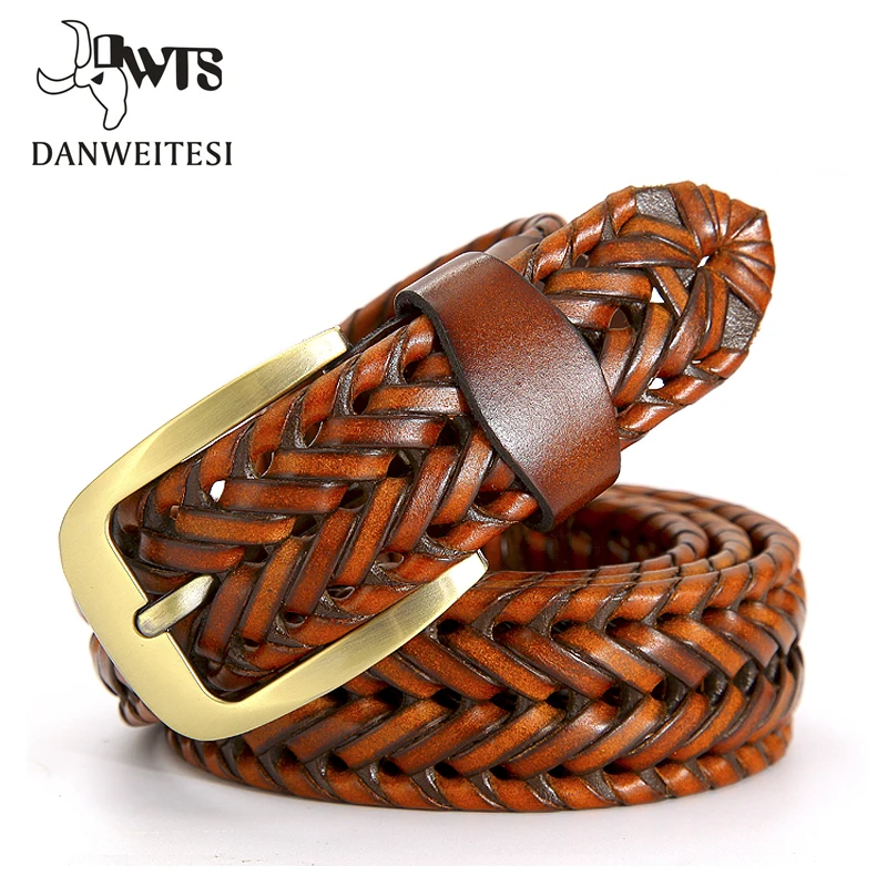 

[DWTS] 2019 Fashion Mens belts luxury genuine leather Brown braided Real Cow skin straps men Jeans Wide girdle Male 120 cm