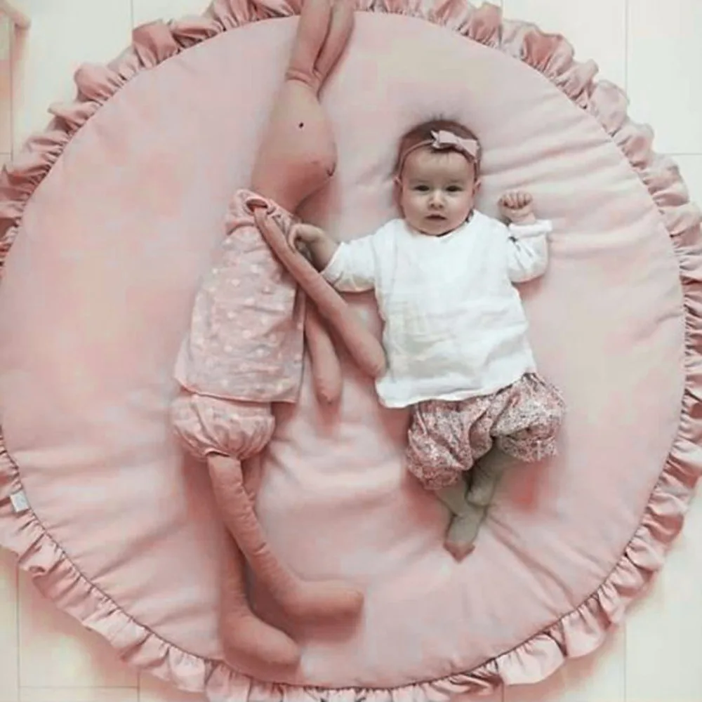 

Nosii 100cm Princess Baby Frill Rim Round Pad Crawling Floor Rug Play Game Toy Blanket Mat Solid Color Pink White