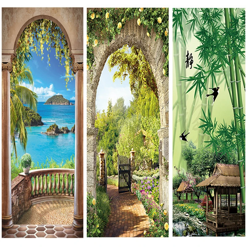 

77x200cm 3D Beautiful Scenery Door Sticker self-Adhesive Garden Waterfall Leaf Wallpaper For Bedroom Living Room Mural Decal