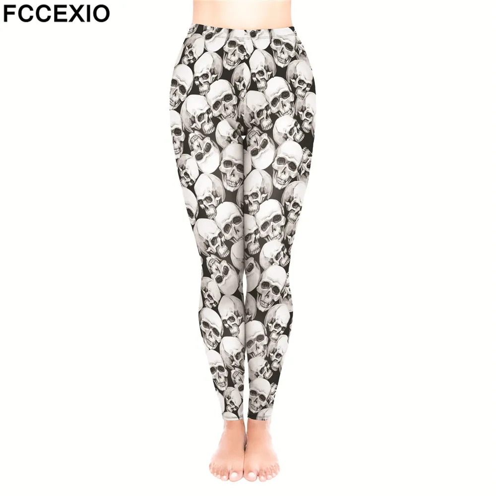 FCCEXIO новые модные тренировочные леггинсы с высокой талией фитнес-Леггинсы много черепов 3D печатные леггинсы женские домашние брюки