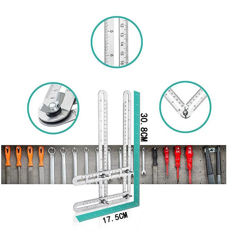 Четырехслойная линейка из нержавеющей стали, подвижная складная линейка, многоугольная линейка для изменения угла, четырехсторонняя линейка для измерения параллельного угла