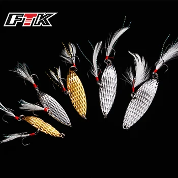 

FTK Spoon Fishing Lure Hard Bait 5pcs/lot Silver Metal Jig pesca Triple Hook Bass Silicone Hook Feather Tail metal Fish Lure GBE