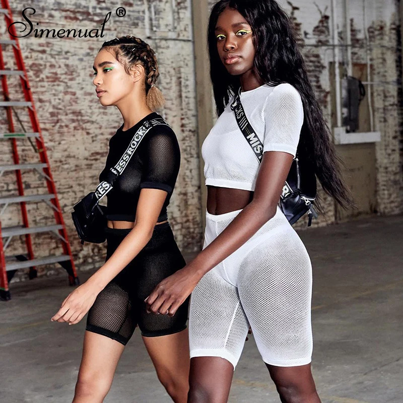 Simenual Mesh Casual Transparent Outfits Women Athleisure 2 Piece Set Solid Crop Top And Biker Shorts Sets Streetwear Summer New