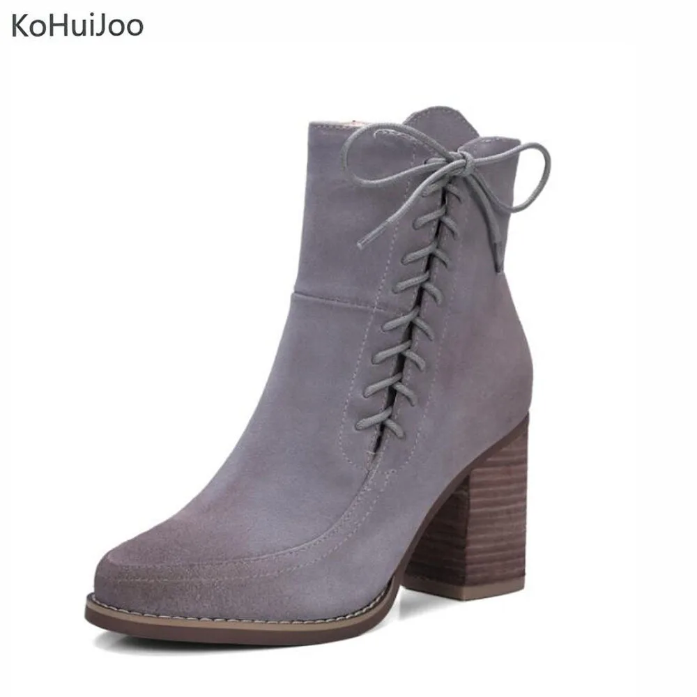 

KoHuiJoo Women Winter Boots lae up Warm High Heel Shoes Ladies Square Heel Ankle Shoes Genuine Suede Leather Boots Gray Khaki