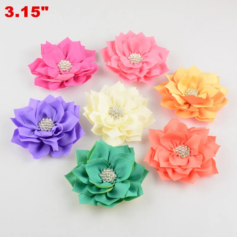 

120pcs/lot Wholesale 3" Lotus Fabric Flowers With Rhinestone Artificial Rose Flower Wedding Bridal Bouquet DIY Supply TH49