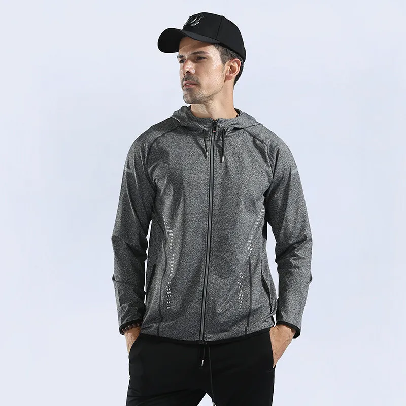 Мужская куртка для бега с капюшоном, длинный рукав, фитнес, тренировки, спорт, Спортивная футболка Спортзал Бодибилдинг, спортивная одежда - Цвет: Gray