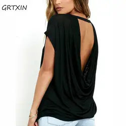 Сексуальная футболка с коротким рукавом Летний стиль Женская одежда открытая спина o-образным вырезом Топы футболки черные белые футболки