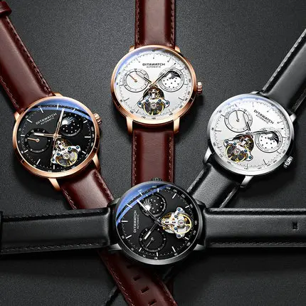

2018New Arrival Mens CASUAL LUXURY Wristwatch Geniune Leather Multiple Time Zone Moon Phase automatic machine Tourbillon