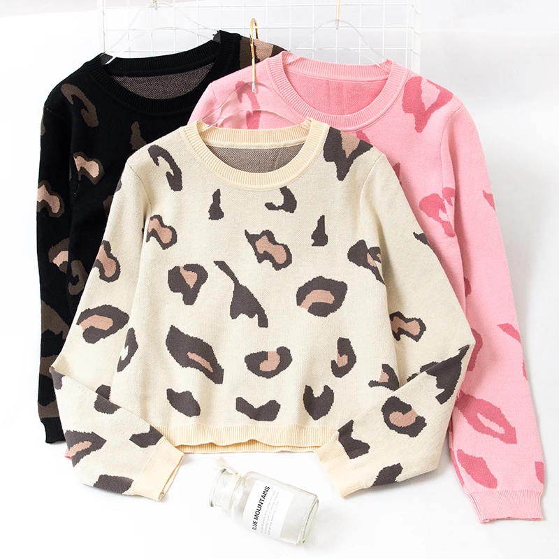 

Leopard Long-sleeved Women's Short Design Sweater Fashion Street Style Pullovers Girl Women Sweaters and Pullovers