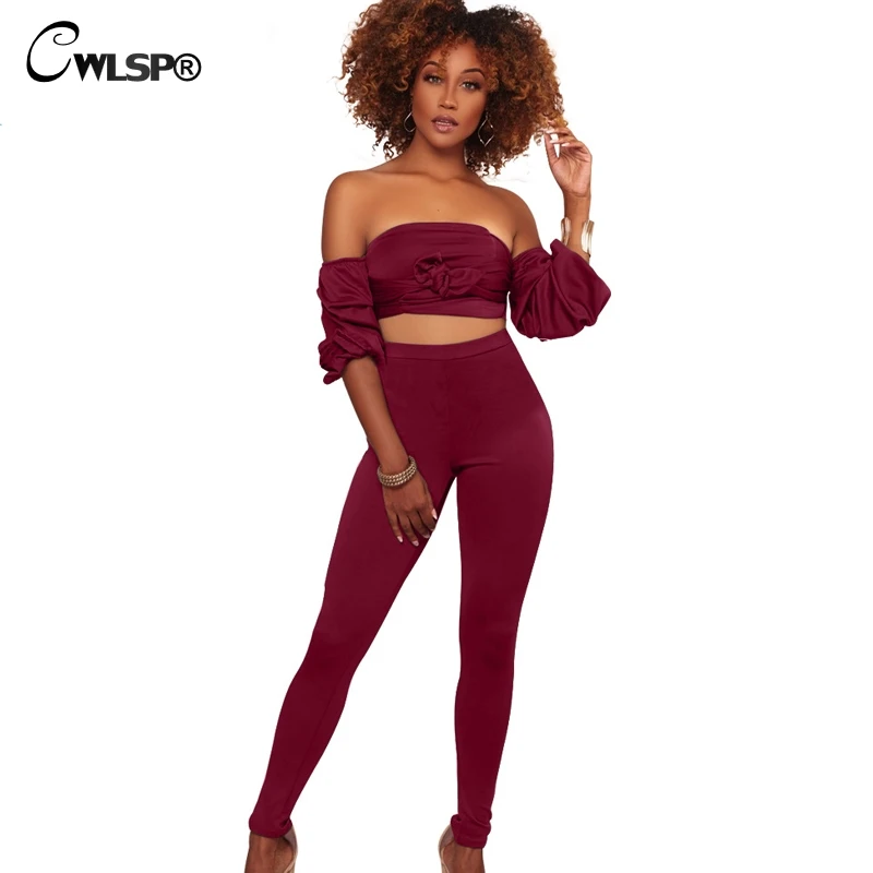 

CWLSP Women Two piece set Puff Sleeve Sexy Slash neck Tops Fitness Pants Fashion Bowknot Lace Up Front Tops Tracksuits QZ2465