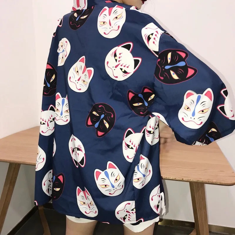Harajuku Kimono Japanese Cats Printing Loose Casual Cardigan Sun Protect Blouse 2019 New Fashion Women Outwear