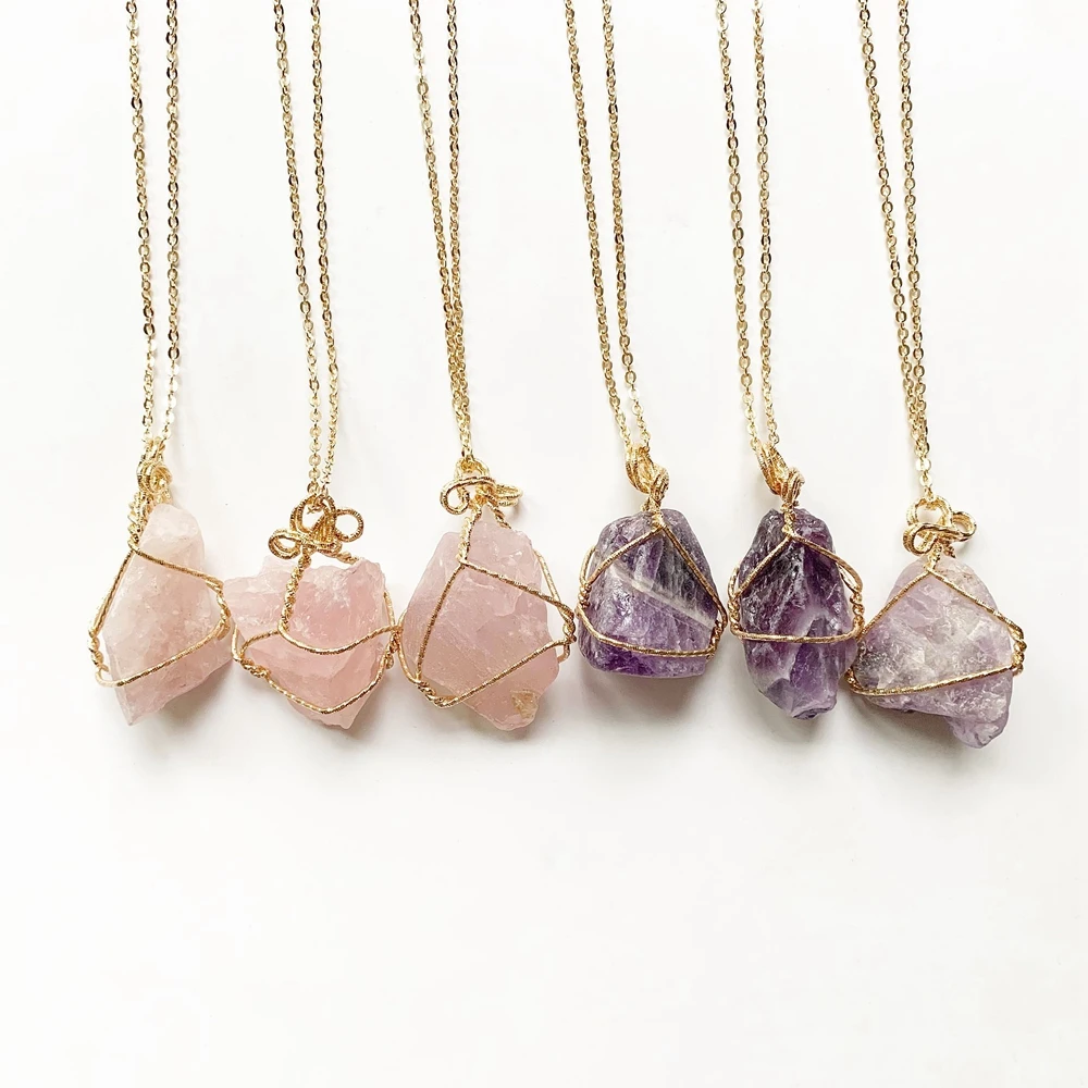

Natural Raw Crystals Stone Necklace Wire Wrapped Stone Pendants Jewelry Pink Quartz Purple Stone Minerals Rough Crystal Necklace