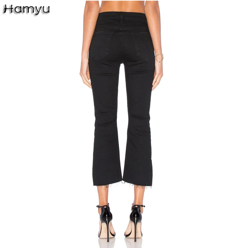 Быстрая женские модные черные расклешенные джинсы облегающие джинсы до пояса длиной до щиколотки рваные потертые джинсы
