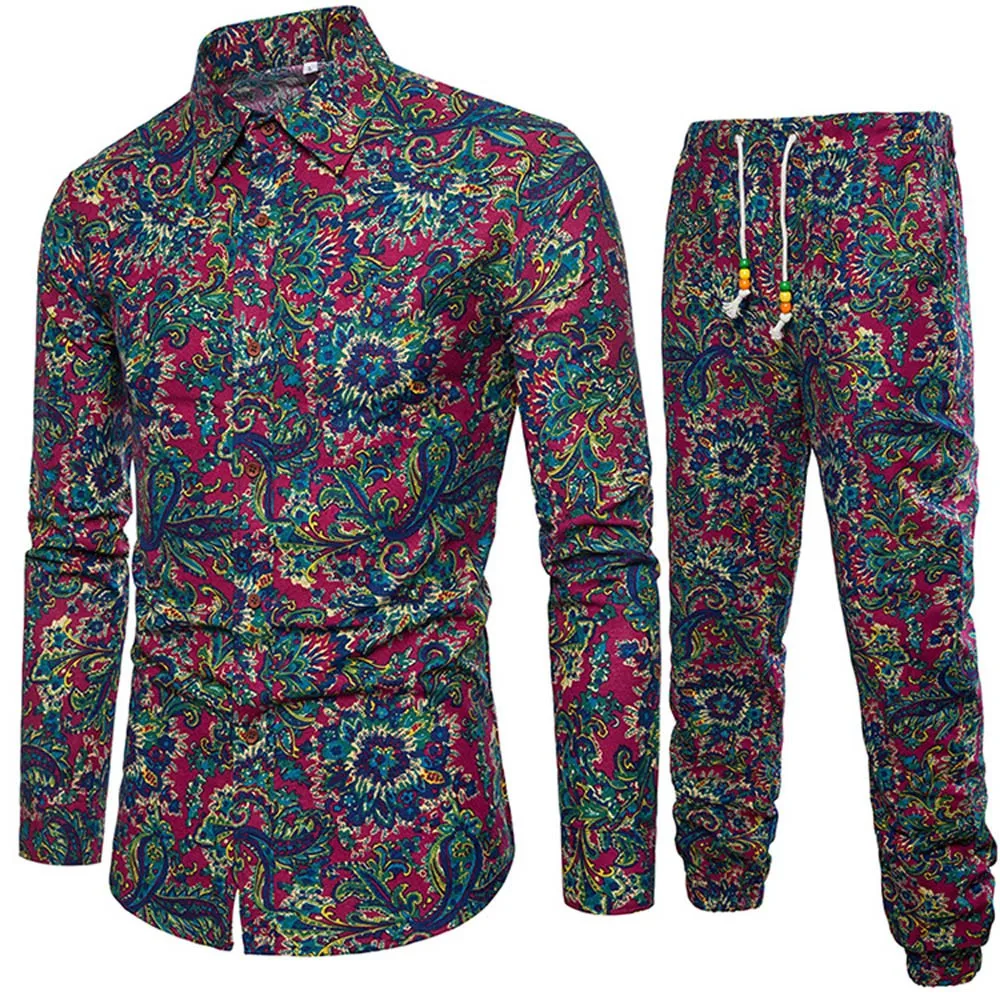

Mens Shirts Tracksuit Pants Sets Two Piece Beach Clothes Party Shirts Suit 2019 Men Streetwear Fashion Flower Printed Sweat Pant